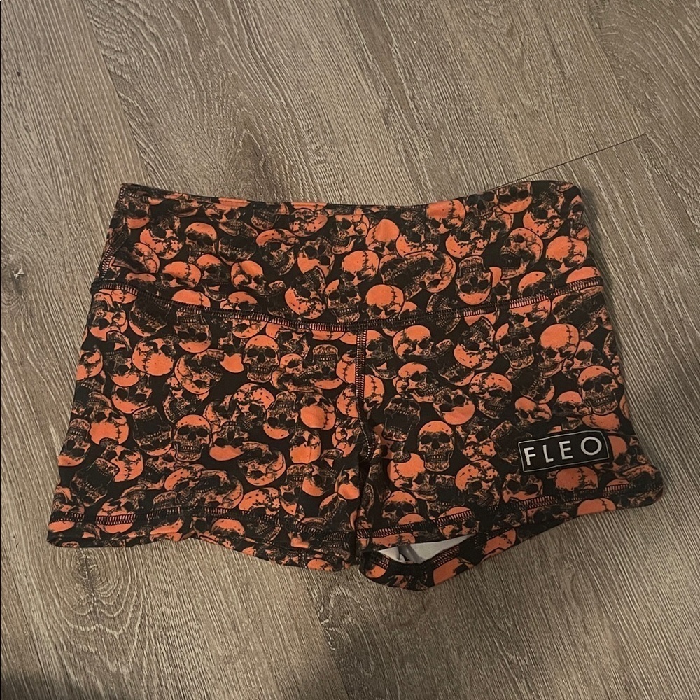 Fleo Women's Athletic Shorts - Orange and Black Skull Design gym lifting